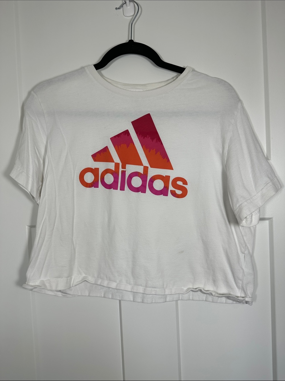 adidas White Cropped Tee with Pink and Orange Gradient Logo